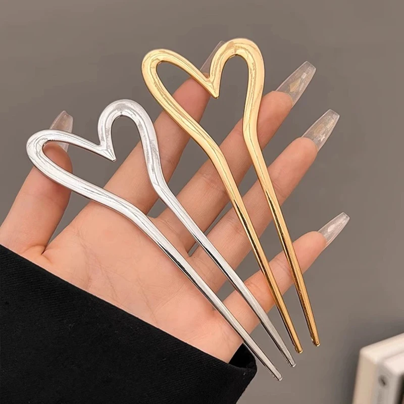 Épingle à cheveux en forme de U en forme de cœur, outils de coiffure, épingle à cheveux en métal de Style chinois, peigne pour femmes, bijoux simples, accessoires pour cheveux d'amour, 2 pièces