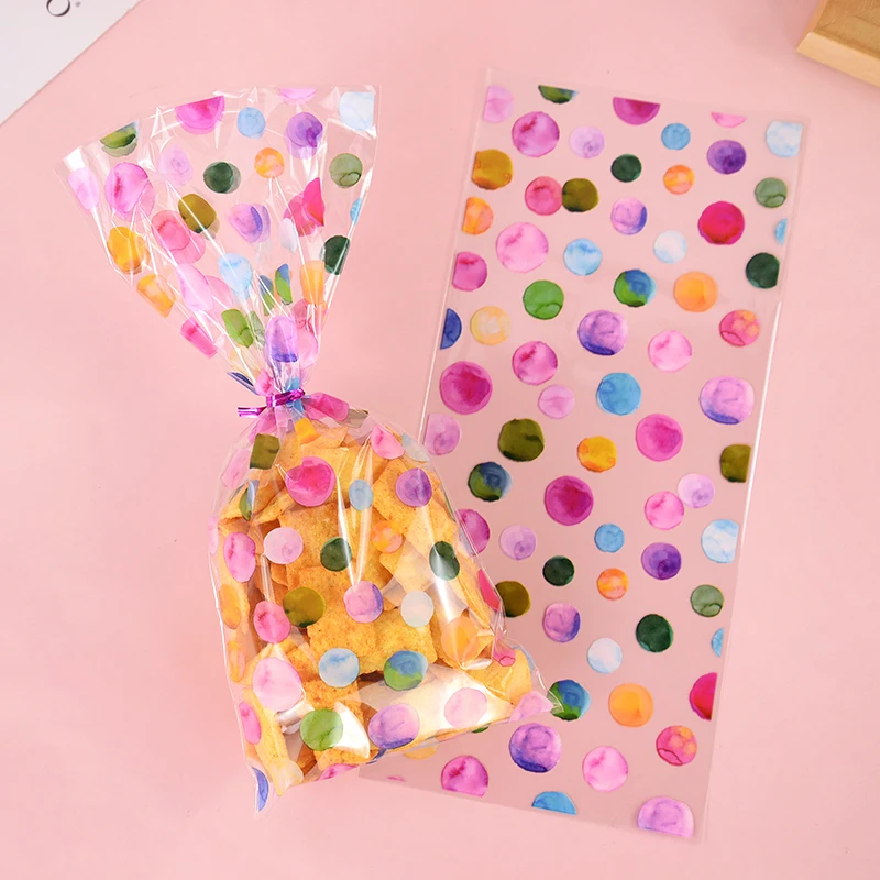 50Pcs Rainbow Polka Dot Printed Cellophane Candy Bags Plastic Treat Gift Packaging Bag Birthday Weddings Party Favors Decoration