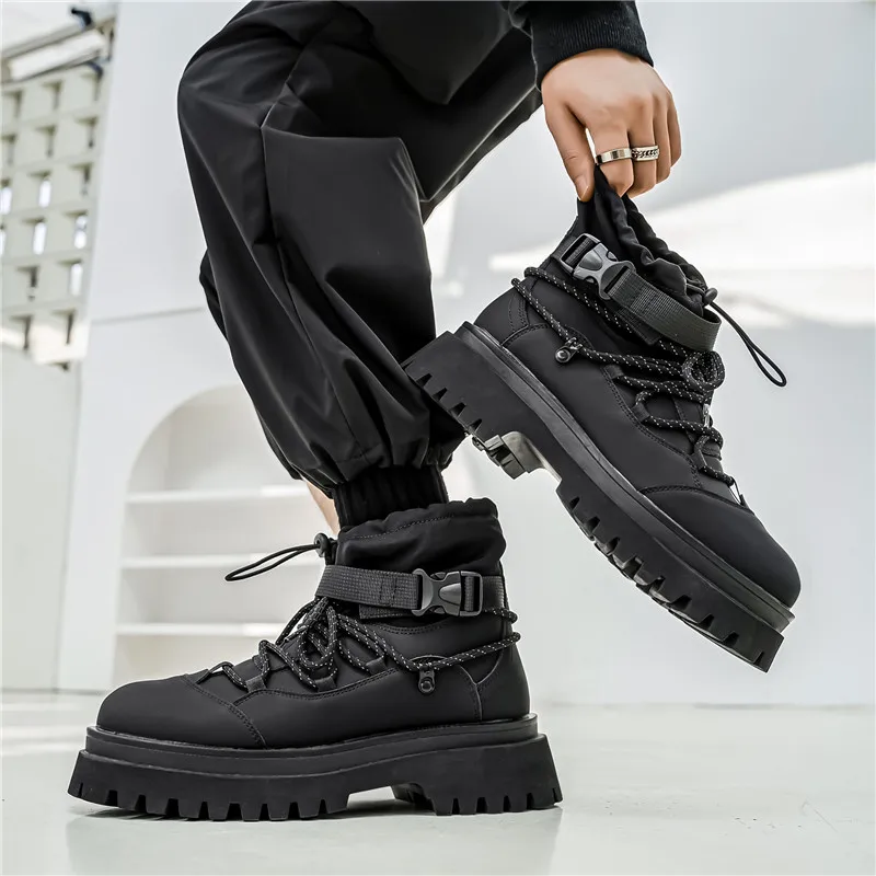 แฟชั่นผู้ชายรองเท้าสบายๆDesigner High Top Mensข้อเท้ารองเท้าฤดูหนาวรองเท้าทํางานBreathableเดินรองเท้าผ้าใบรองเท้าหนังสีดํา