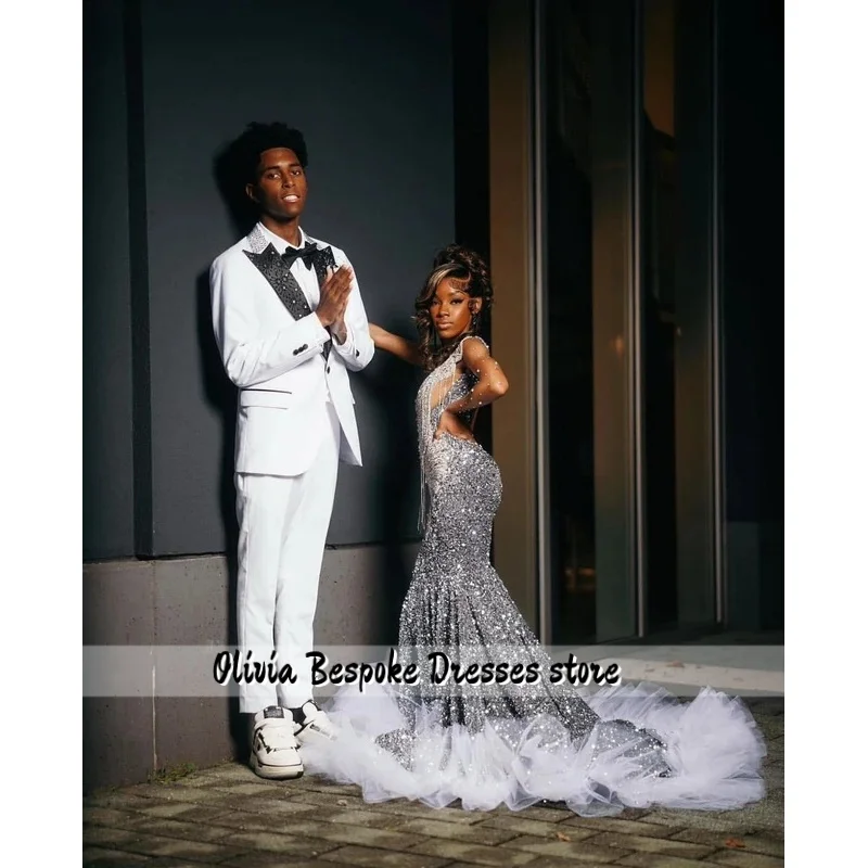Customized Silver Mermaid Prom Dress For Black Girls Ruffles Rhinestone Tassel Beaded Party Gowns Vestidos De Gala