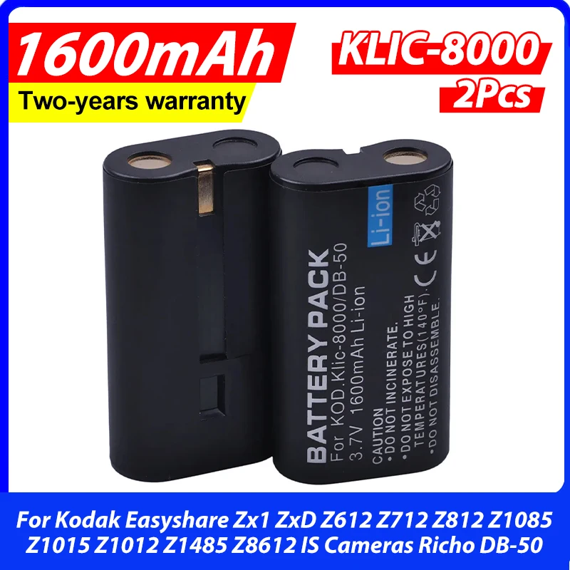 2Pcs KLIC-8000 KLIC 8000 Battery for Kodak Easyshare Zx1 ZxD Z612 Z712 Z812 Z1085 Z1015 Z1012 Z1485 Z8612 IS Cameras Richo DB-50
