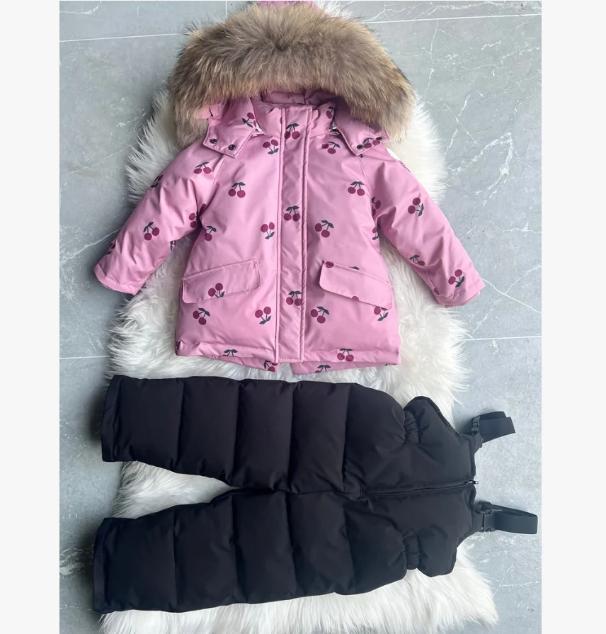 Children's Cotton Clothes 2026 Winter New Cherry Print Big Fur Collar Girls Jacket Suspenders Plus Fleece Warm Boys Ski Clothes