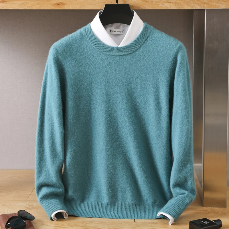 MVLYFLRT 2023 Autumn Winter New Men's Round Neck Solid Color Long Sleeve Rib Knit Mink Fleece Sweater Casual Fashion Pullover