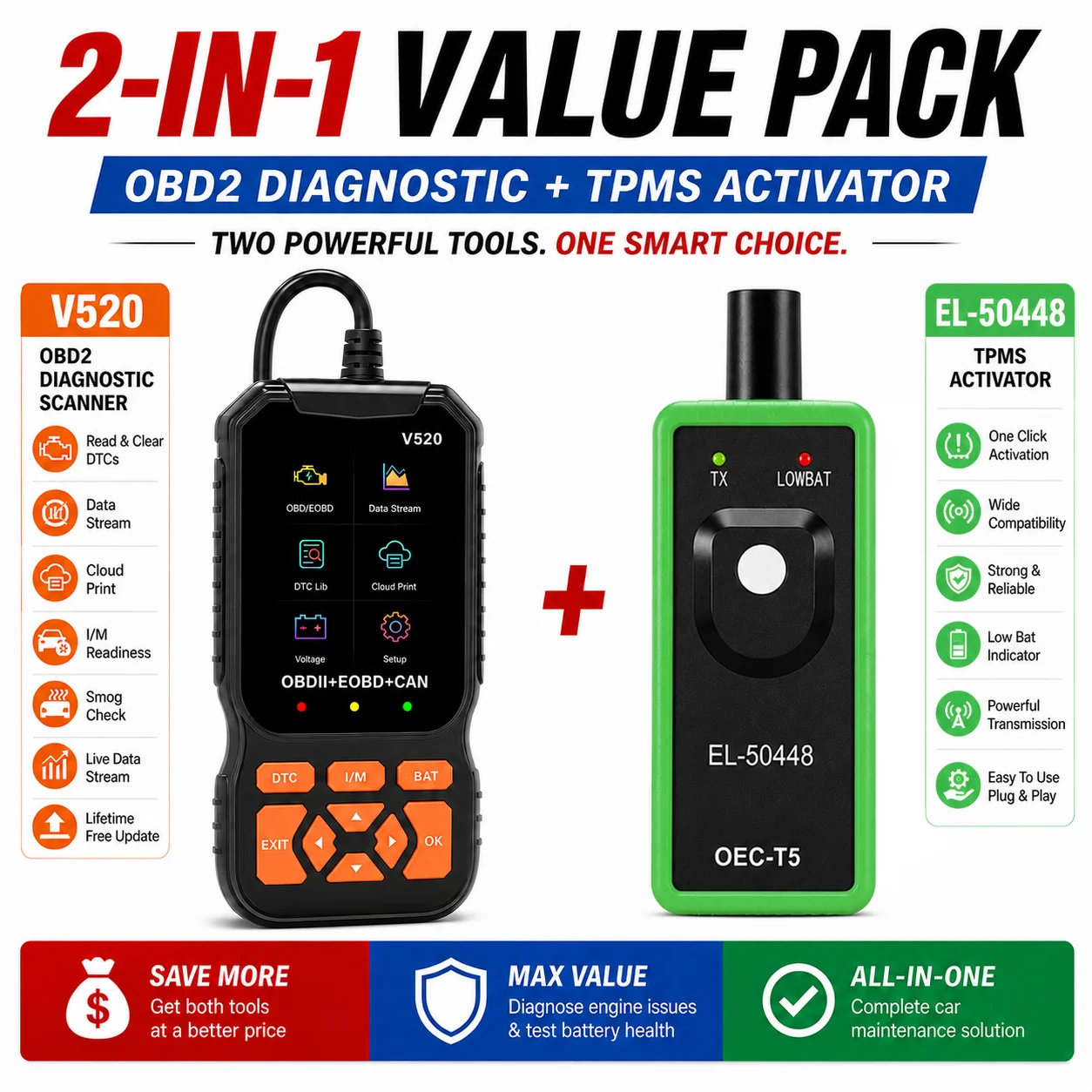 V520 Professional OBD2 Car Diagnostic Scanner with EL50448 TPMS Reset Tool, Engine Fault Code Reader, Tire Pressure Sensor Relea