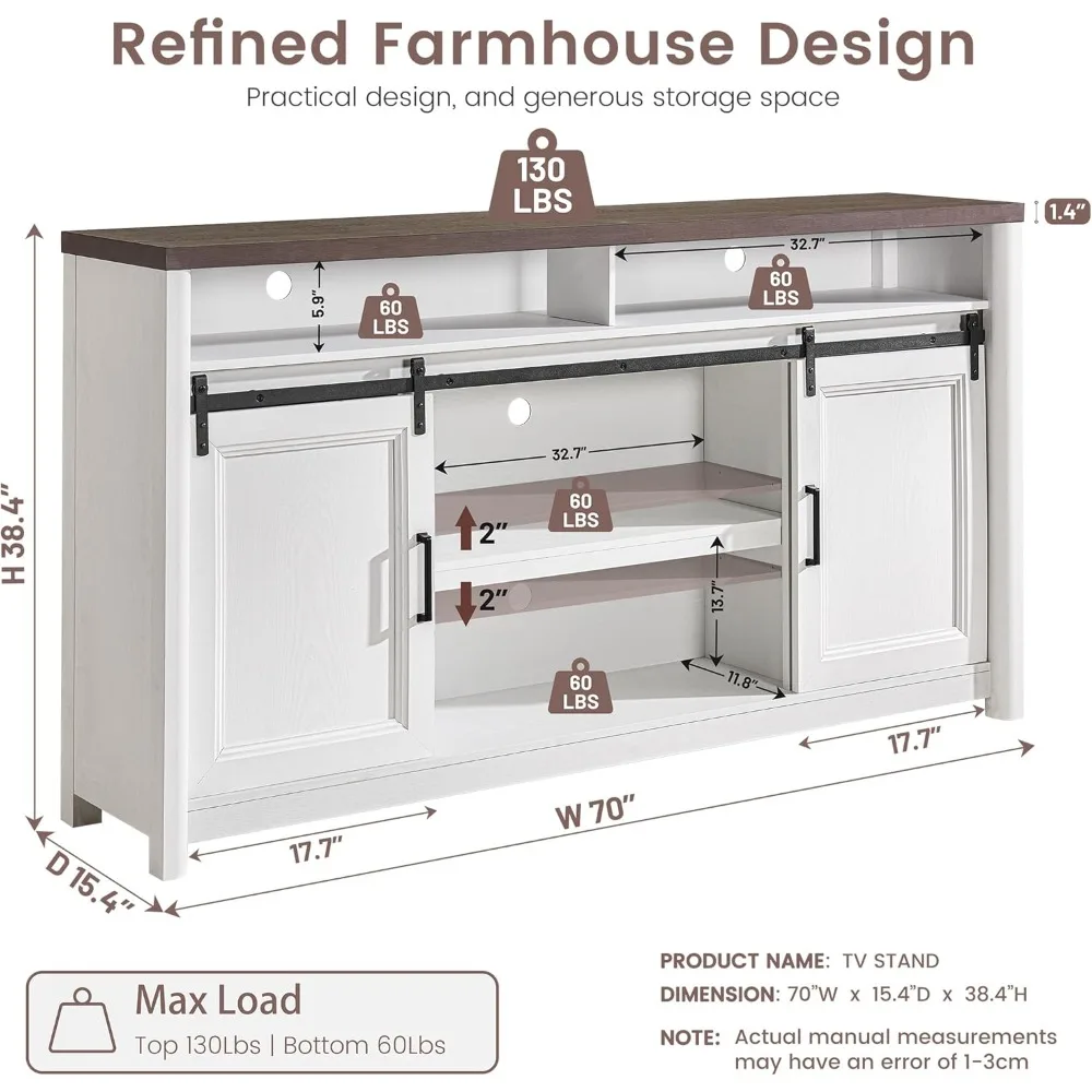 حامل تلفزيون ريفي للمزرعة لأجهزة التلفاز مقاس 80 بوصة، مركز ترفيه كبير مع مساحة تخزين، وحدة تحكم تلفزيون لغرفة النوم وغرفة المعيشة، (أبيض) #2