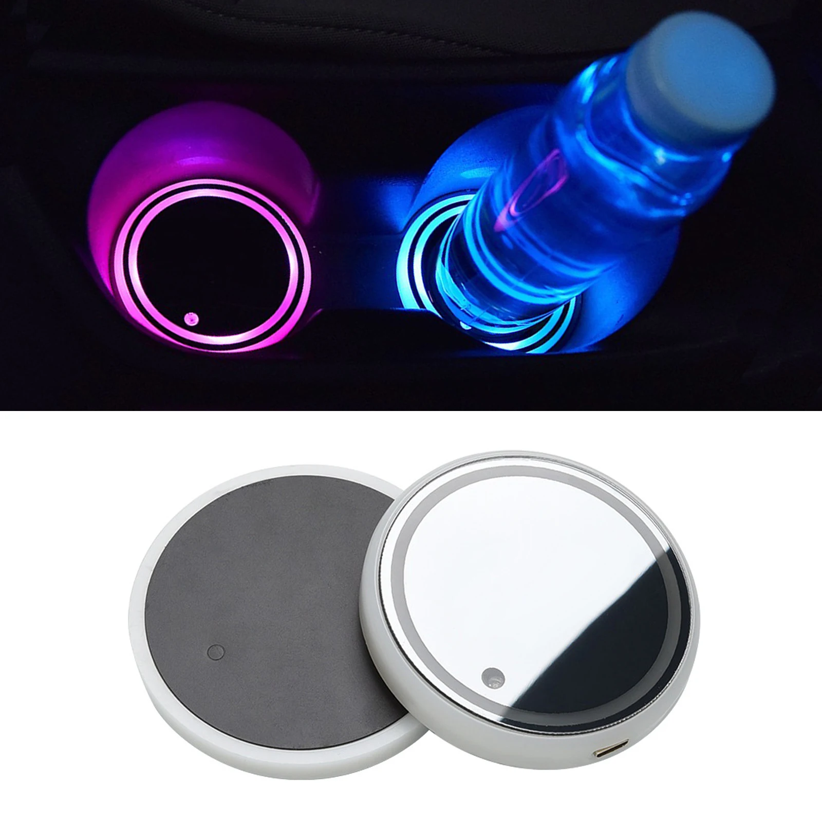 2 Pcs Car Led Cup Holder Coaster with 7 Color Lights USB Charging Luminous Cup Pad Interior Atmosphere Lamp Decoration Light