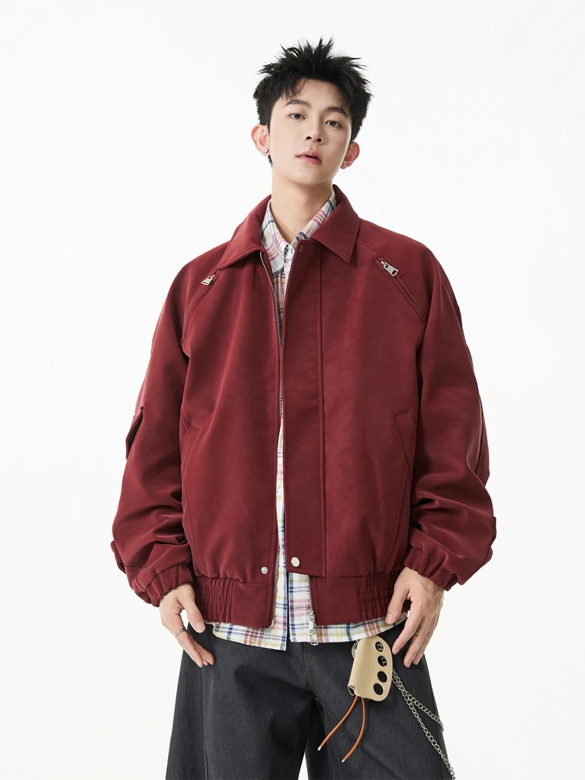 

Мужское свободное кожаное пальто American Sle Motorcycle Jaet на молнии, украшенное поливолокном, ветрозащитное повседневное модное красное кожаное пальто