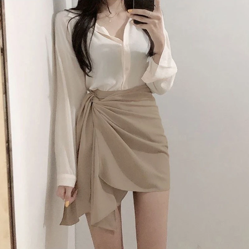 MEXZT Irregular Mini Skirt Women High Waist Black Bandage Wrap Hips Skirts Korean Fashion Elegant Slim All Match A Line Skirt