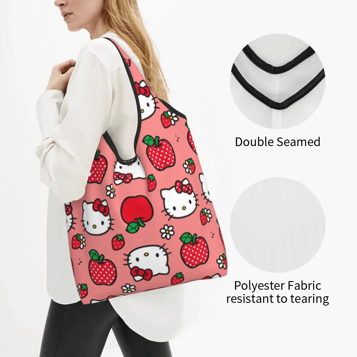 Hello Kitty Apple Strawberry Flower Pattern Shopper Bag Reusable Handbags Polyester Outdoor Tote Bag Ladies Shopping Bags