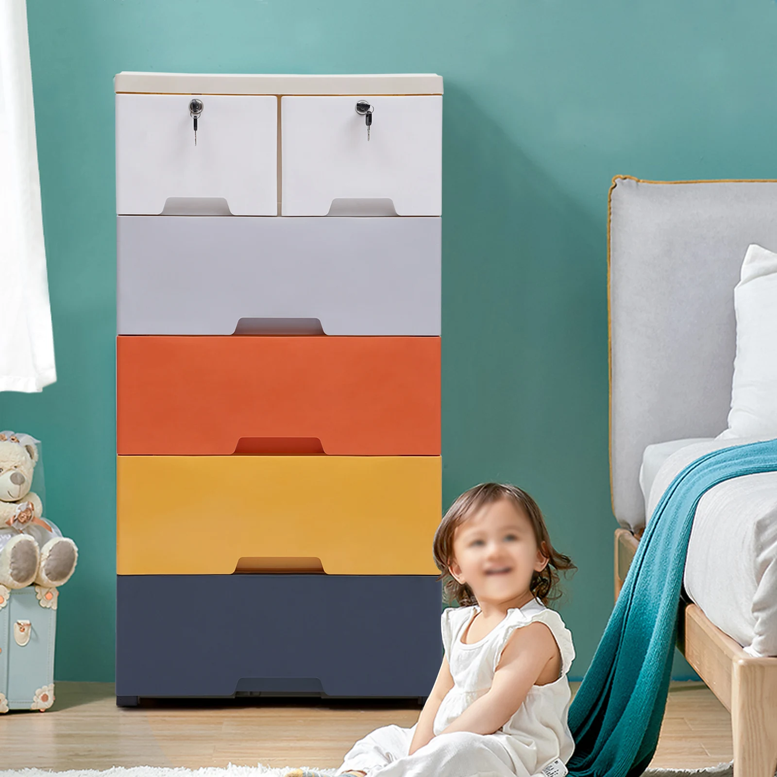 5 Tier Storage Cabinet Wardrobe Moving Detachable Children Room Furniture Drawer Plastic PP Cupboard with Wheels