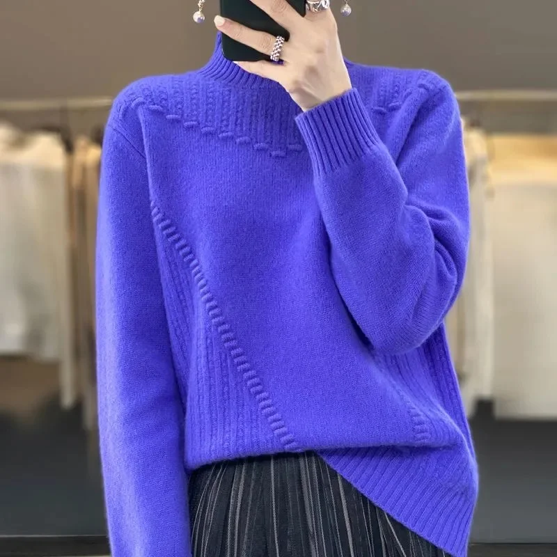 

Ladies Half High Collar Pullover Sweater Autumn Winter Women Fashion Jacquard Weave Knitwear Female Long Sleeves Jumper Knitted