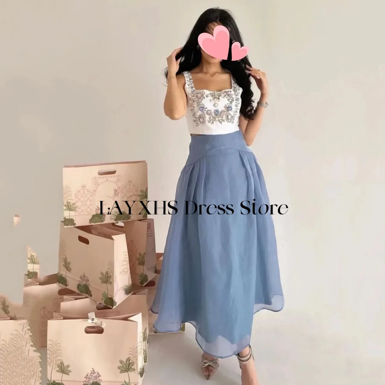 LAYXHS Novel Vestidos de noite com decote quadrado, linha A, sem mangas, comprimento de chá, vestidos de baile personalizados