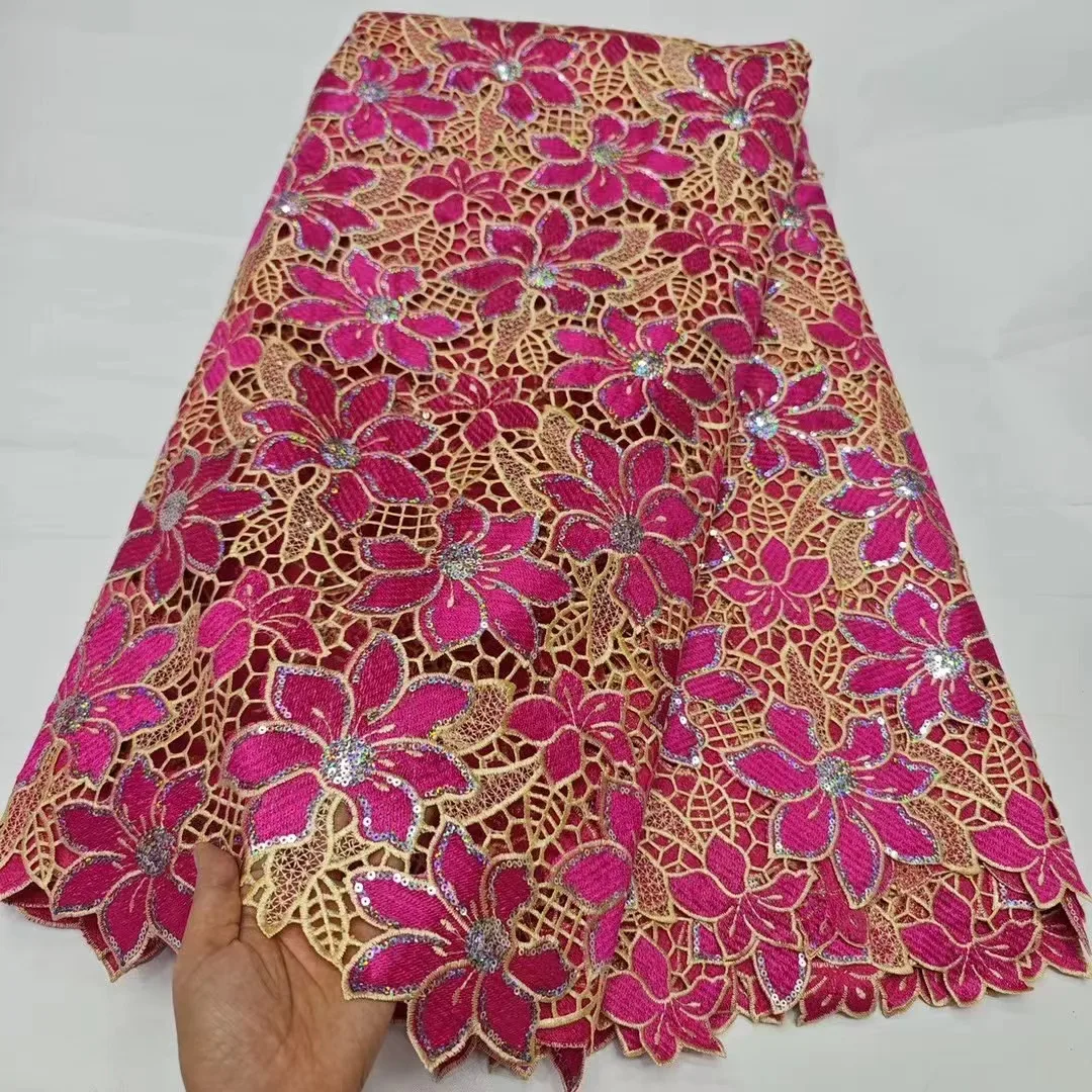 

Pink Latest African Guipure Lace Fabric 2024 High Quality Nigerian Water Solubl Lace Fabric For Women Prom Celebration Dresses