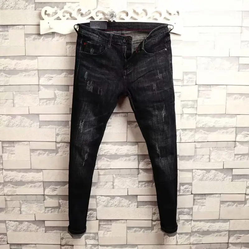 

Man's Summer New Elastic Slim Fit Korean Spirit Guy Leggings Skinny Black Denim Jeans Casual Men Designer Ripped Pants