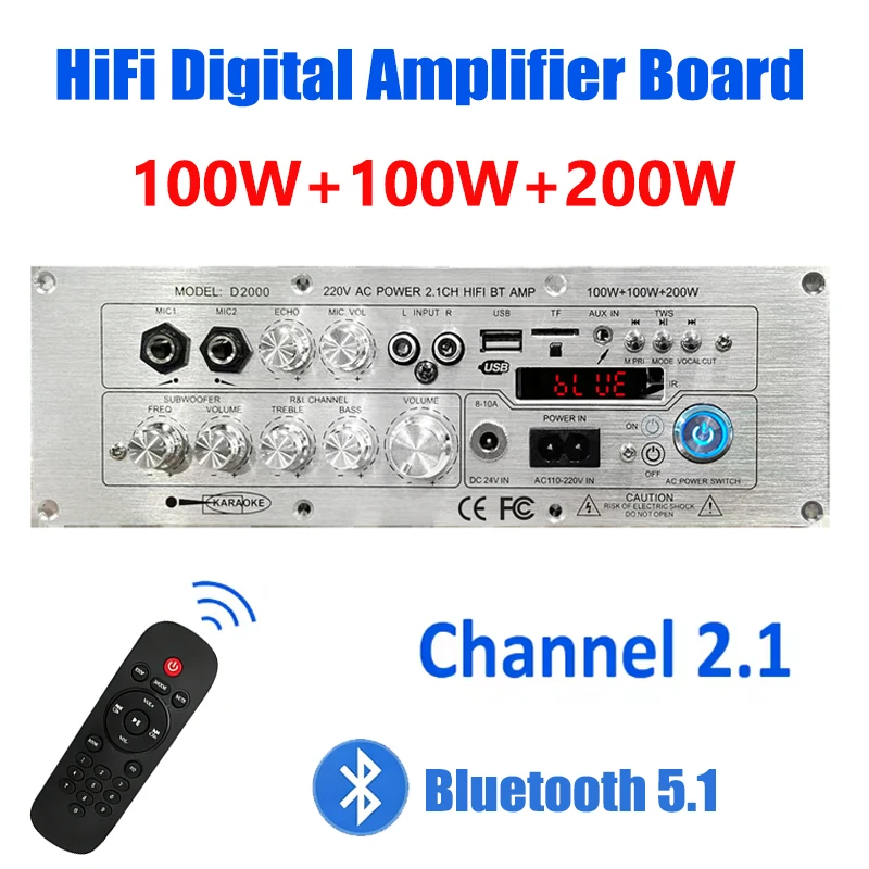 

D2000 Digital Bluetooth Amplifier Board 2.1-Channel Bluetooth Audio Decoder 100W + 100W + 200W High-Power Output Subwoofer