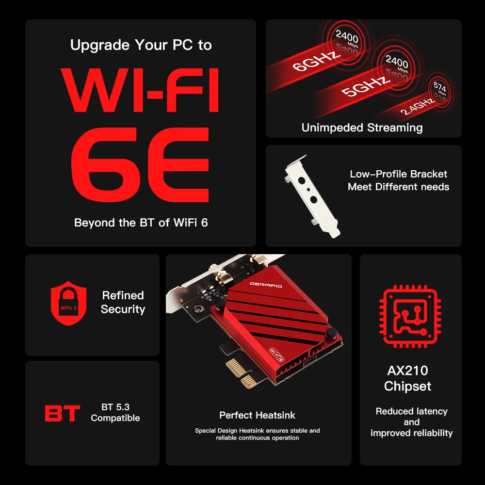 AX210 WiFi 6E PCIE Wireless Adapter Bluetooth 5.3 Tri-Band 802.11AX 2.4G/5G/6G Network Adapter Wi-Fi Receiver Card For Win10/11