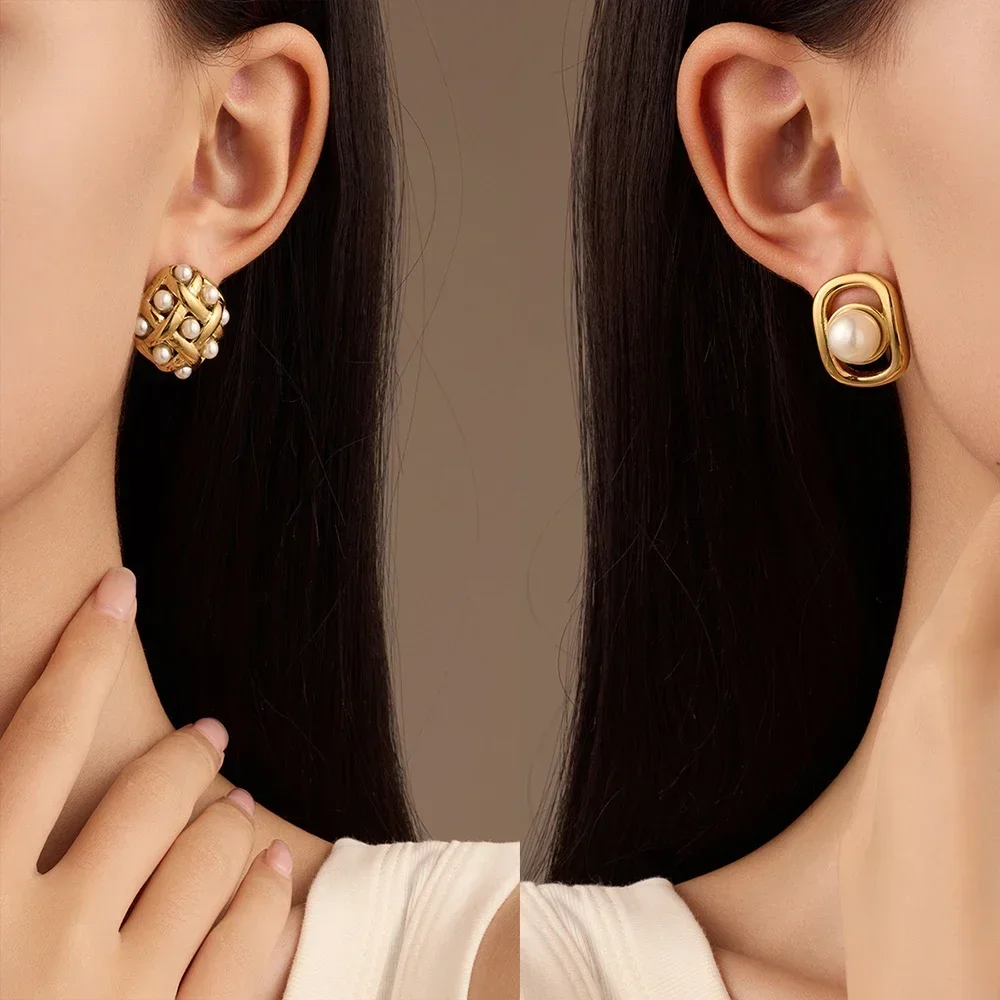 Elegant Pearl Geometric Irregular Stud Earrings for Women 18K Gold Plated Lava Textured Weave Square Earring Charm Jewelry Aros