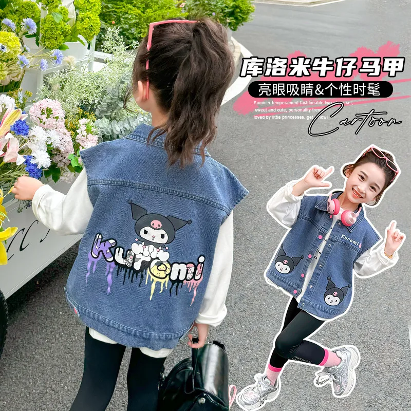 

Sanrio Kawaii Kuromi Girls Denim Vest Sweet Cute Cartoon Anime Autumn Fashion Children Clothes Tide Babys Top Gift for Kids