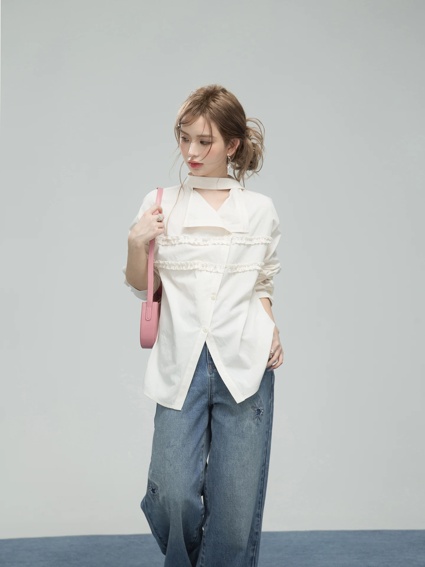 

Loose Collar Sa Lazy Sle Moonlight White irt for Small Stature Artists ONEOFUUU Women's Casual Faion irt