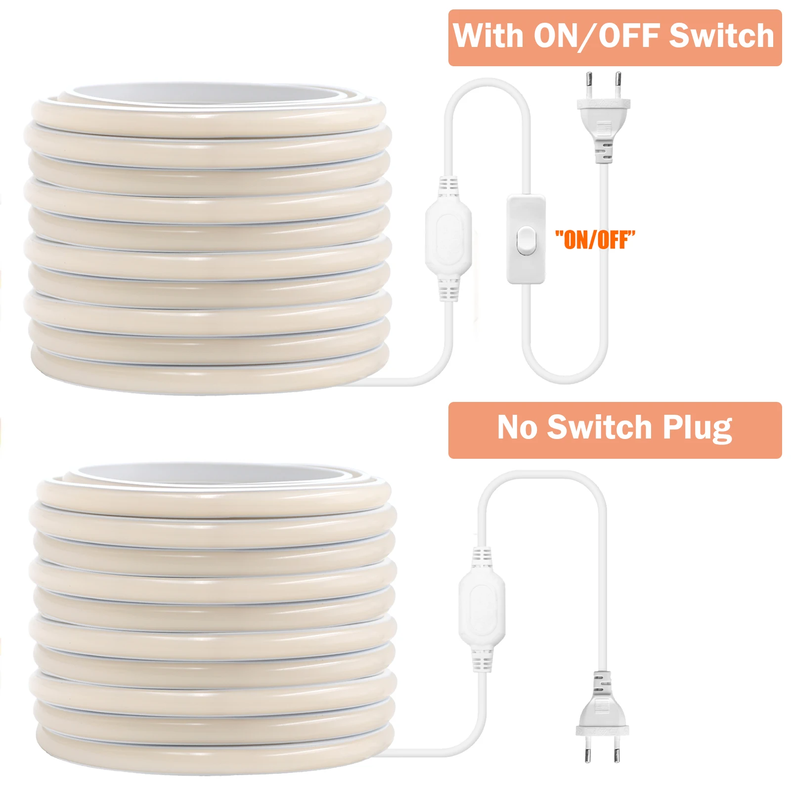 Waterproof COB LED Strip 220V Neon Rope Light with ON/OFF Switch High Density 288LEDs/m Flexible Tape for Home Garden Decor