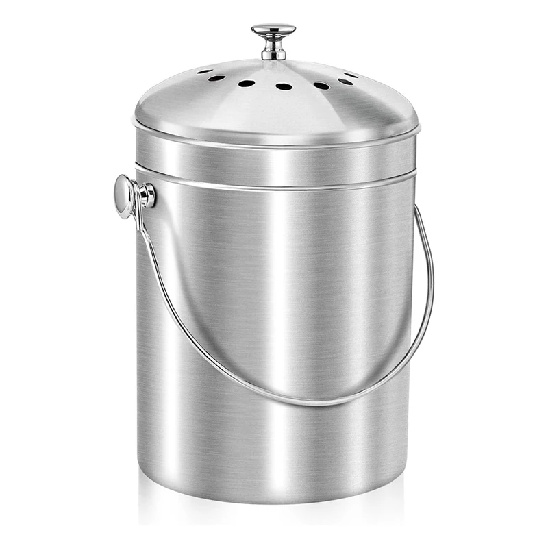 Compost Bucket For Kitchen Countertop,1.3 Gallon Stainless Steel Compost Bin Indoor With Lid, Odorless Food Waste Bucket