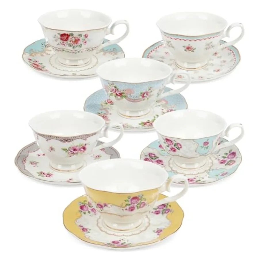 

Colorful Floral Porcelain Coffee Cups with Saucers, British Tea Cups Set for 6, Classic Rose Tea Party Set for Women