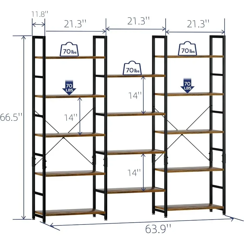 Estante tripla larga de 5 camadas, estantes rústicas de estilo industrial com 14 prateleiras abertas, estante alta moderna