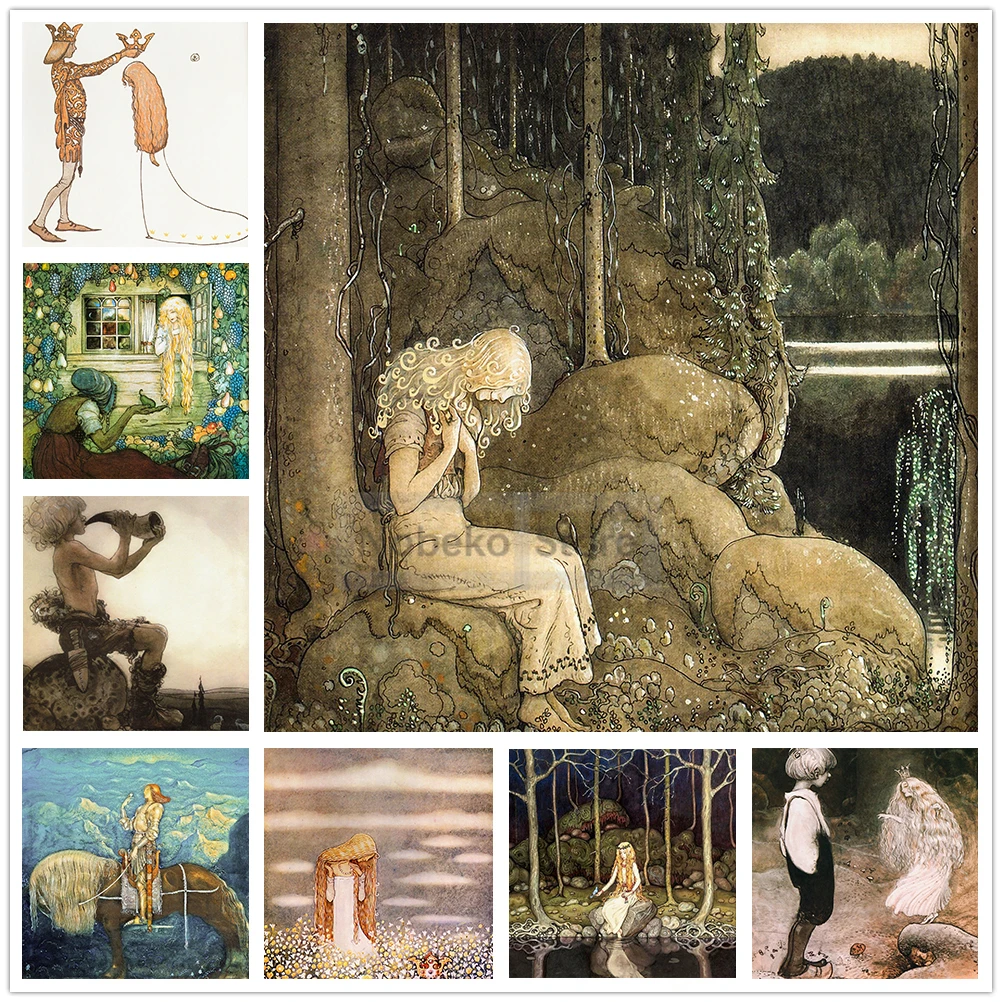 John Bauer Fairy Tale Collection Illustrated Poster Retro Prints Canvas Painting Wall Art Pictures Home Room Vintage Decoration