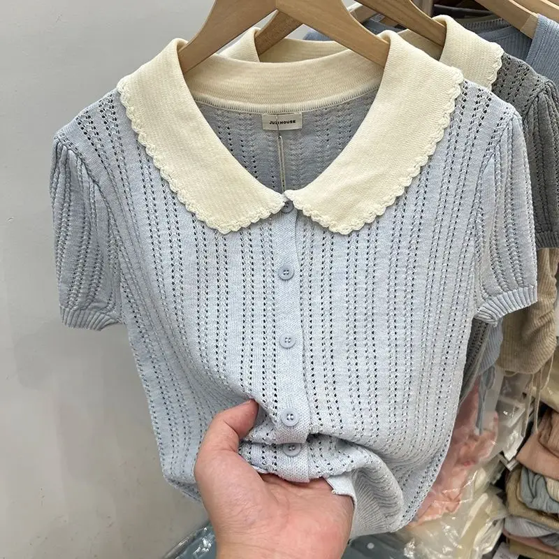 Collar Short Cut High Waisted Hollow Knitted Short Sleeved T-shirt Advanced Cardigan Sunscreen Shirt Knitwear Camisetas