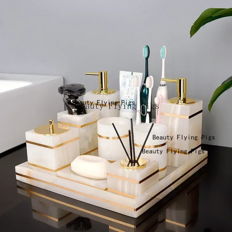 

Natural Marble Bathroom Accessories Luxury Golden Soap Dispenser Toothbrush Holder Soap Dish Tray Set for Bathroom, 1pc
