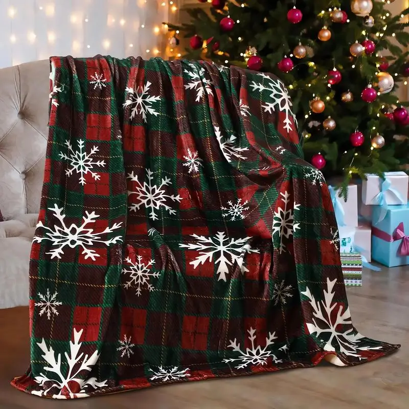 VIKAMA Christmas Throw Blanket Red Green Plaid Snowflake Soft Plush Fleece Couch Sofa Blanket Cozy Warm Winter Holiday Decor