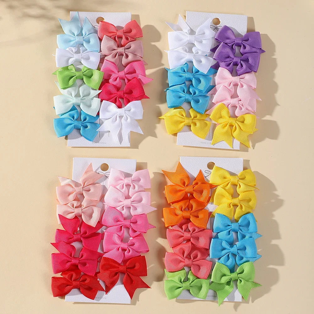 10Pcs/Set Solid Color Hairclips for Kids Grosgrain Ribbon Bows Hair Pin Handmade Headwear Girls Hair Accessories with Papercard