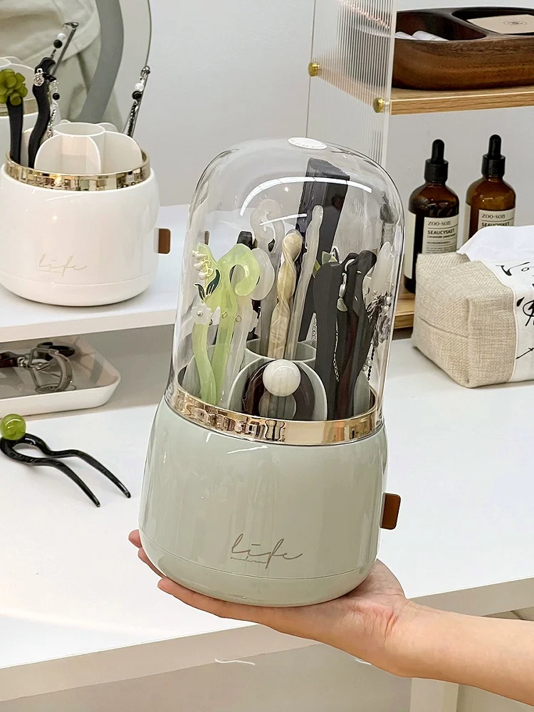 

Peach Wood Dustproof Jewelry Box Hairpin Storage Case Divided Carents Rotating Design Faionable Accory Organizer