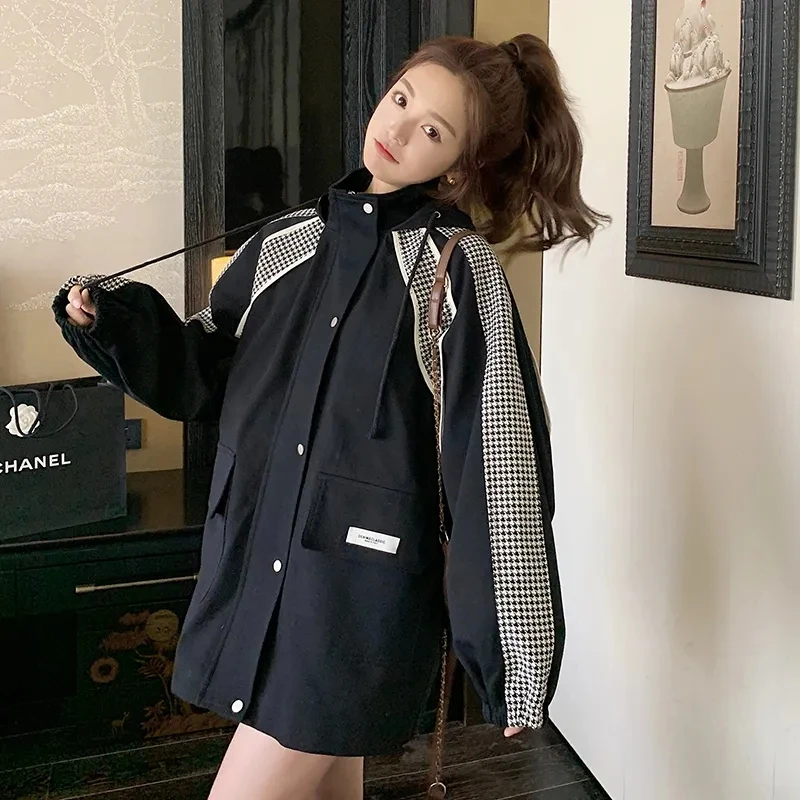 

Spring Casual Houndstooth Cotton Windbreaker Coat, for Women's Clothing 2024 Autumn Winter New Harajuku Panel Trench Coats, Tops