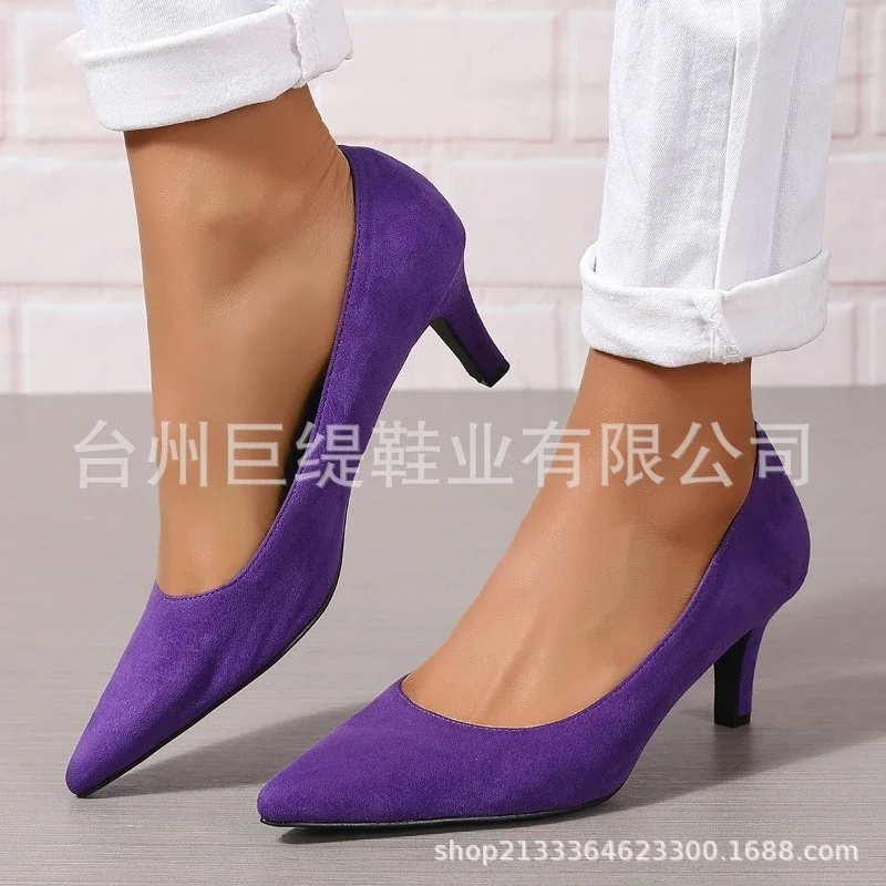 Big Size Women\'s Boat Shoes Faux Suede High Heels Pointed Toe Pumps Stilettos Basic Pump for Female White Black Red Pink Blue