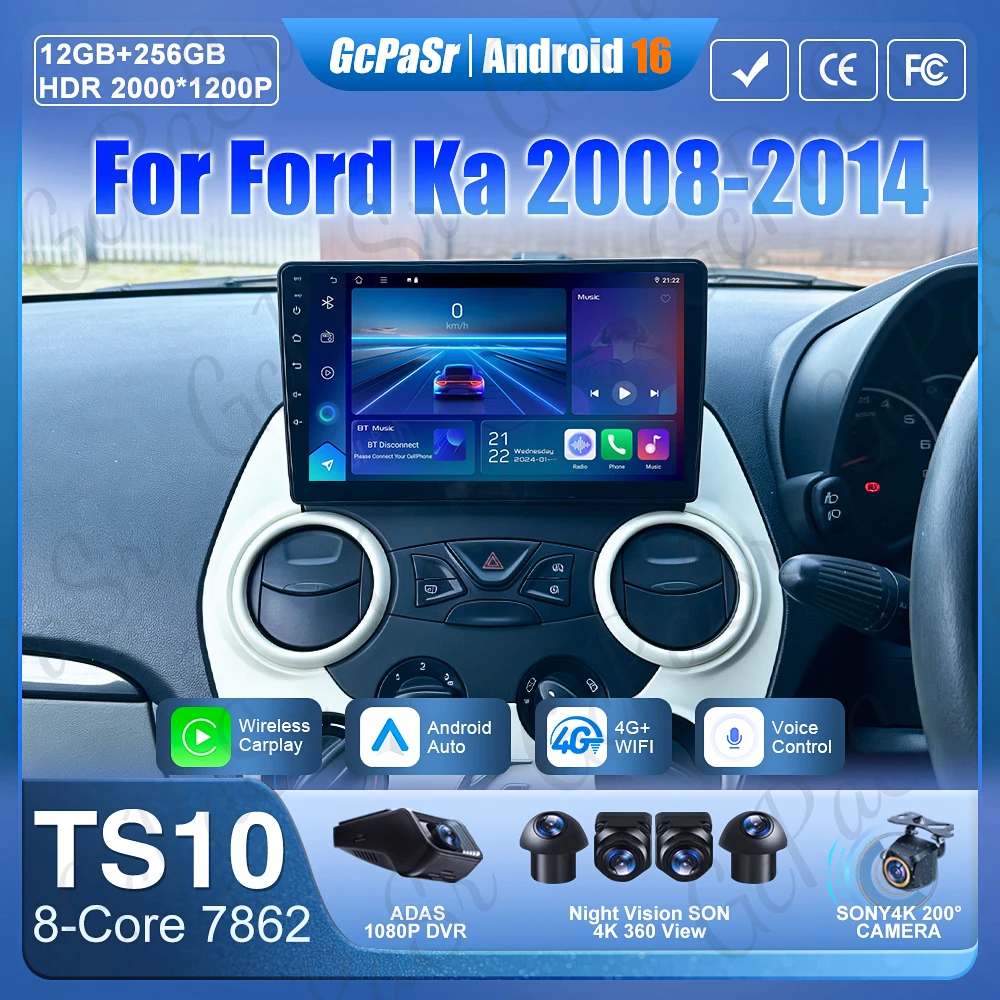 Android 16 Carplay For Ford Ka 2008-2014 Multimedia Video Car Radio GPS Navigation Car Monitor DSP 2k 5G Wifi Screen Stereo DVD