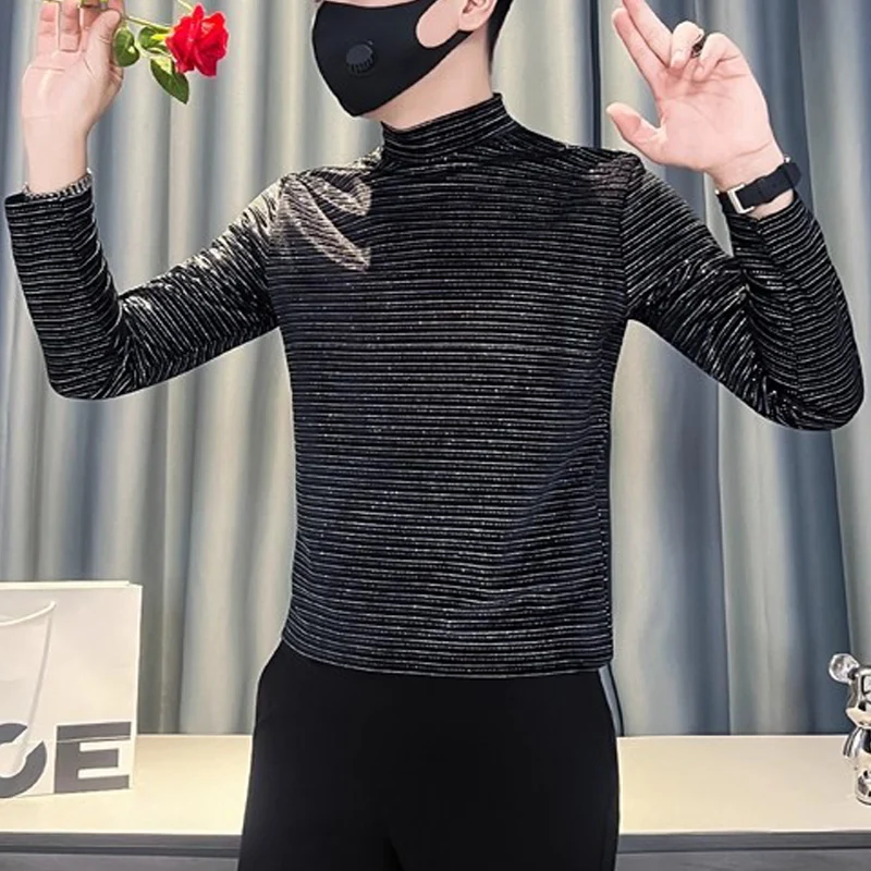 

Роскошные велюровые футболки с длинным рукавом и воротником-стойкой, мужские осенне-зимние клубные футболки с блестками для выпускного вечера, облегающие теплые мужские футболки, топы, уличная одежда