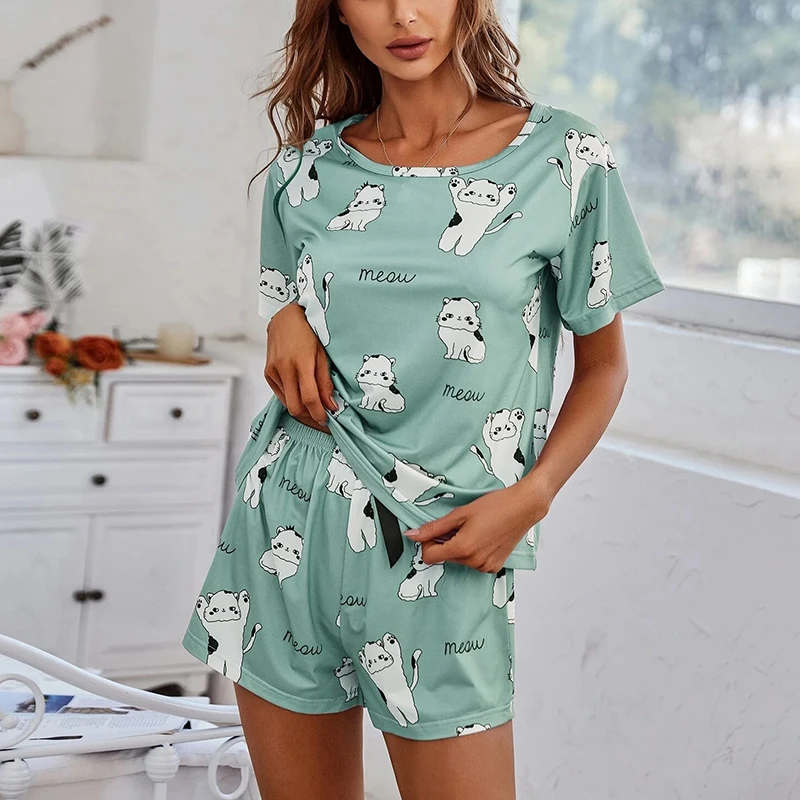 Women\'s Cartoon Cat Print Cute Pajama Set Summer Short Sleeve Top & Shorts Soft Comfortable Sleepwear Women Home Clothes Pj Sets