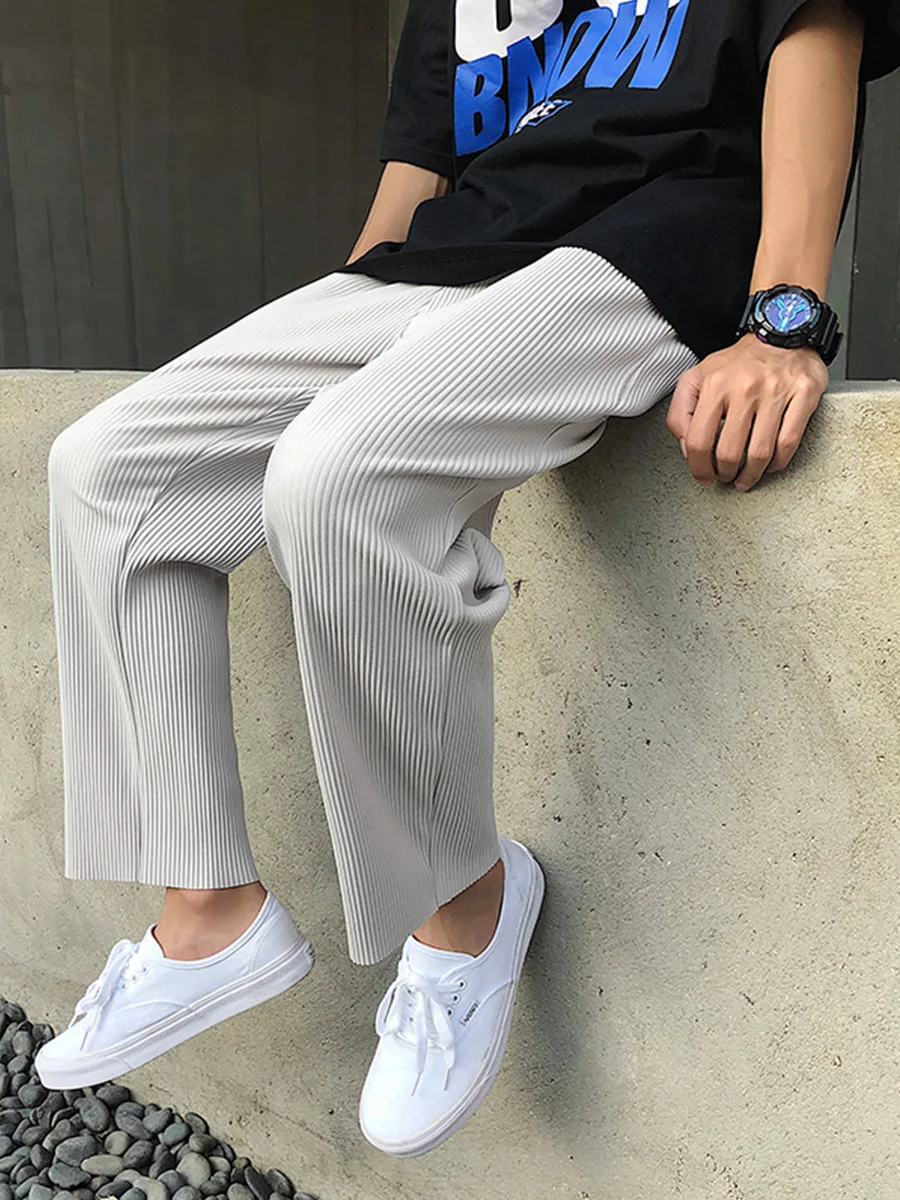 

1pcs/lot Pleated Straight Pants Men's Elastic Waist Casual Pants Men Streetwear Loose Trousers