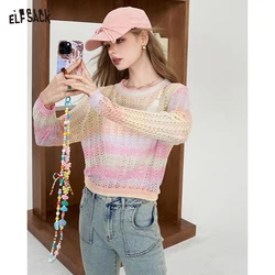 2024 Summer ELFSACK New Arrivals Rainbow hollow knitted sweater for women Loose top