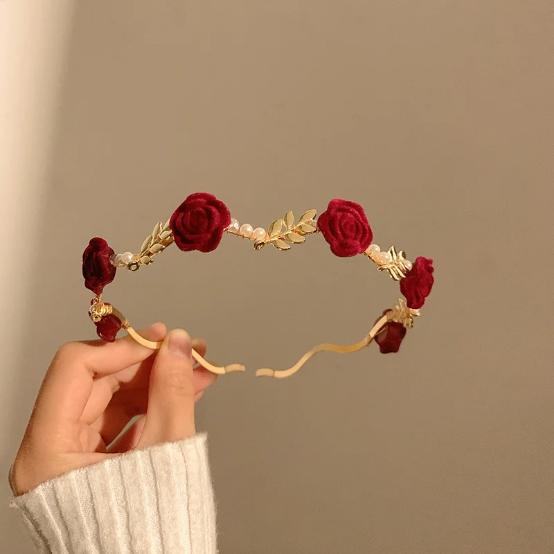 Banda para el pelo de flores rojas y rosas secas francesas para mujer, accesorio para el cabello, tocado de novia, diadema de rosas para niña, regalo de San Valentín