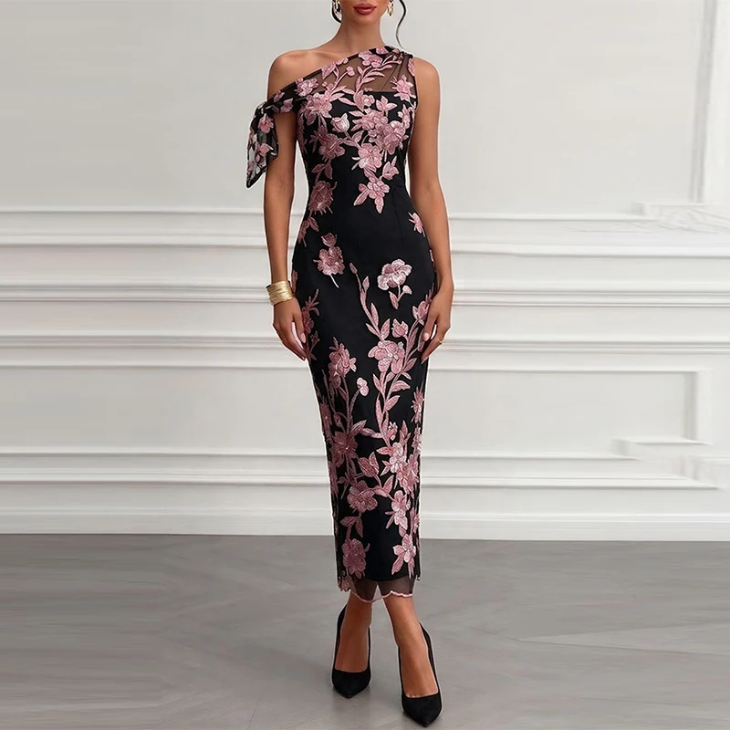 Summer New High Waist Party Dresses Temperament Slash Collar Lace Embroidery Dress Elegant Asymmetry Pleated Slim Evening Dress