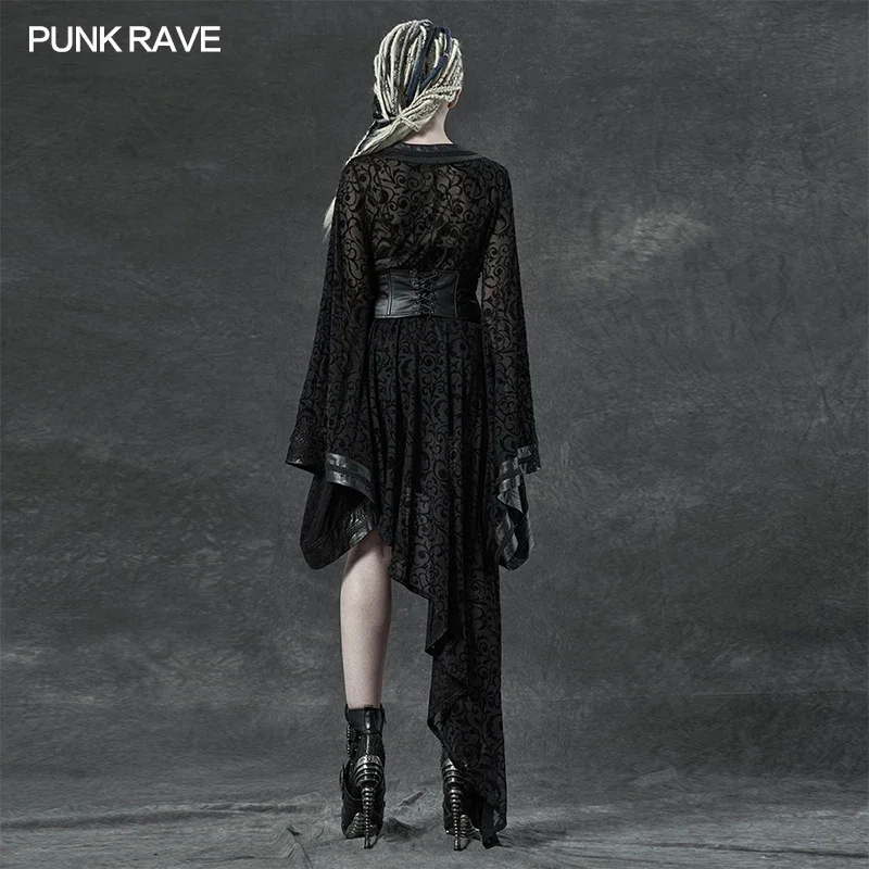 PUNK RAVE Women\'s Gothic Asymmetrical Flocking Net Kimono Delicate Gorgeous Embroidery Detachable Belt Stage Performance Coat