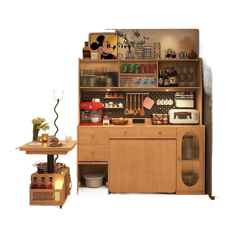 All solid wood embedded side cabinet dining table, one-piece retractable folding mobile small apartment table multi-function