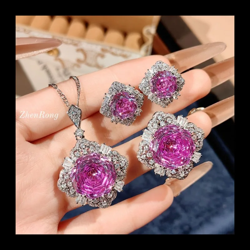 مثمنة الألفية روز قطع الجليدية الأزرق قلادة روز الأحمر قلادة عالية الكربون الماس الملونة التورمالين أقراط اللون تريا