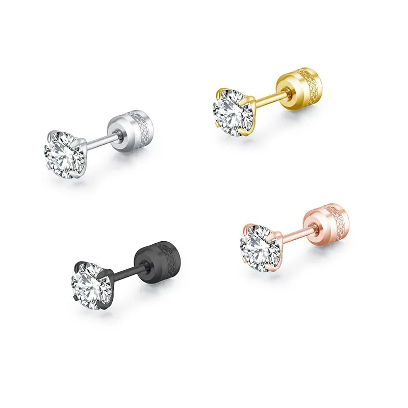 

60pcs Crystal Clear CZ Barbell Ear Stud 4mm New Korean Round Zircon Earrings for Women Rose Gold Color 316L Stainless Steel