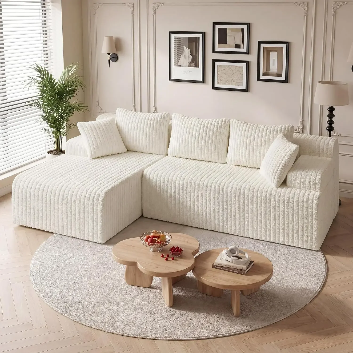 96 Inch Modular L-Shaped Sectional Sofa with Deep Seats & Oversized Chaise, Plush Corduroy Fabric for Living Room, Left Beige