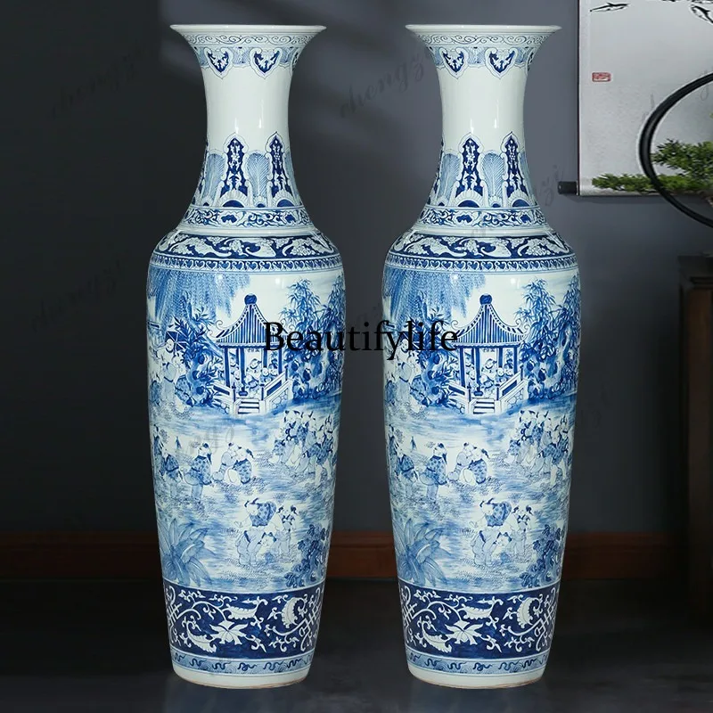 Jingdezhen blue and white porcelain hand-painted bold floor vase ornament home living room antique decoration
