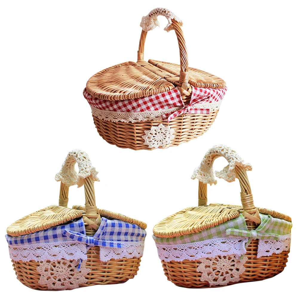 Handmade Wicker Picnic Basket with Handle Picnic Willow Woven Storage Hamper outdoor Camping Picnic Fruit Basket Container