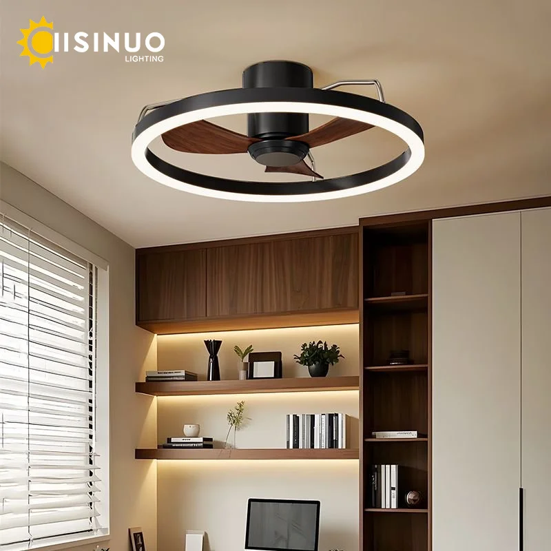 Bauhaus Style 60cm Flush Mount Ceiling Fan Light Black Aluminum 6-Speed Quiet DC Motor Dimmable Stepless for Dining Room Bedroom